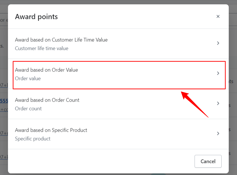 How do you award points to your customers based on order value?